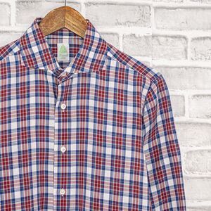 Finamore Napoli Spread Collar button up Shirt Red blue Plaid Made in Italy